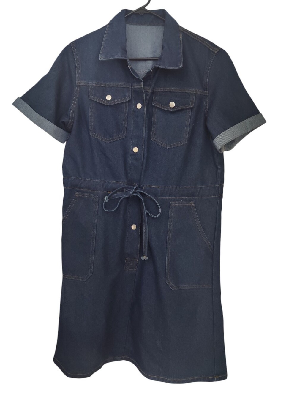 Casual Short-Sleeve Denim Midi Dress with Tie Waist - Dark Blue